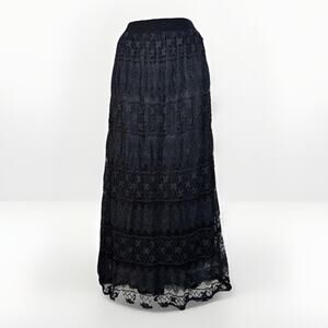 Black Lace Midi Skirt M Elastic Waist Lined Boho Fairy Goth Whimsygoth Western